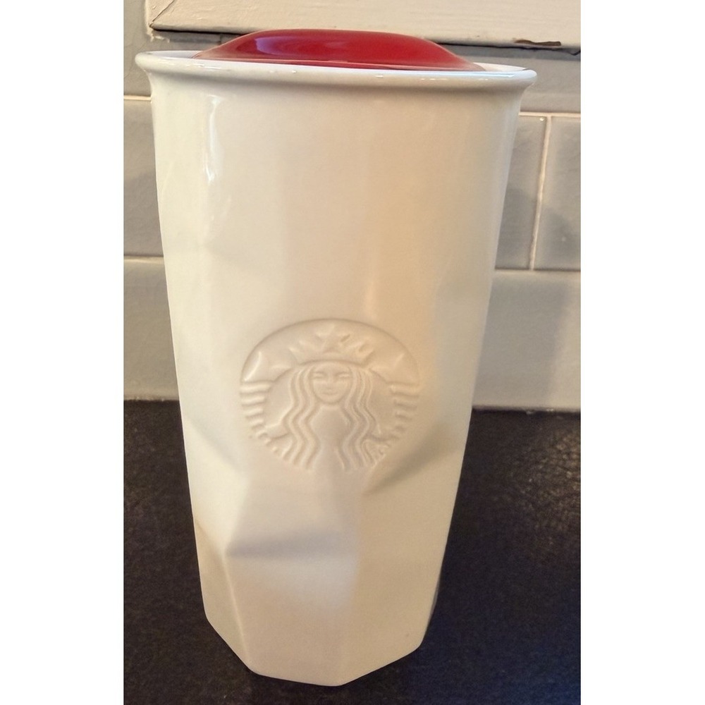 2013 Starbucks Travel Tumbler Ceramic Geometric Quilted 10oz White Mug Red Lid